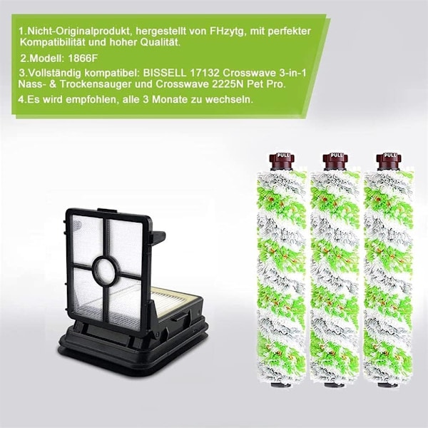 3-i-1 Reservdelar för Bissell Crosswave, Multi-Surface Pet Pro Cleaner Borstrullar Trasselfria med Mikrofiber och Nylon för Våta/Torra Hårda Trägolv