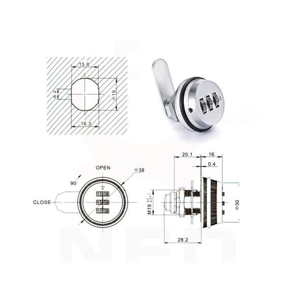 Postkasselås 20 mm/30 mm 3-cifret kombinationslås til postkasse, skab