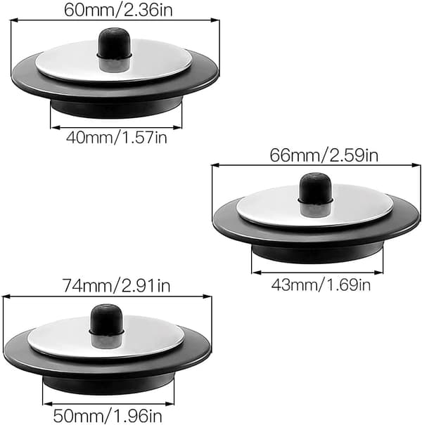 Sort - Sæt med 3 Gummi Vaskepropper med Kuglekæde 40mm/43mm/50m