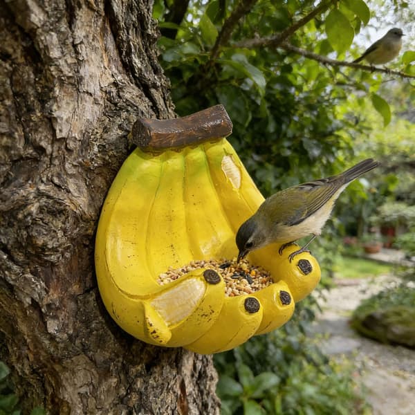Bananformet udendørs fuglefoderbræt: Dekorativt hængende fuglefoderbræt til haven