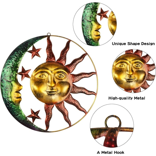 15,8 Tommer Stor Metal Sol og Måne Vægskulptur Udendørs 3D Met