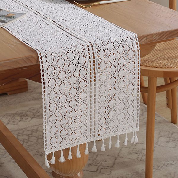 30*160cm Boheemi beige pöytäliina, vintage maalaistalon boheemi