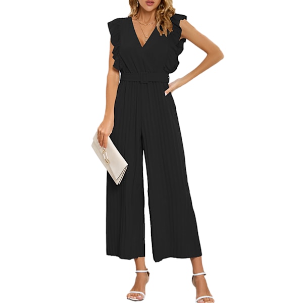 V-hals Jumpsuit Bukser Kvinder Ærmeløs Casual Rompers med Talje Bælte Plisseret lige Ben Sort M