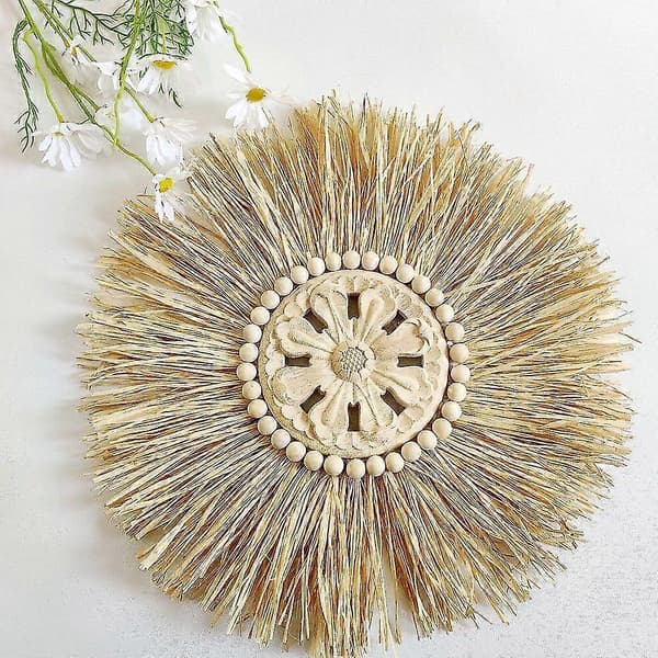 Boho Handgjord Vävd Halm Väggdekor Marockanska Träpärlor Väggbonad Ornament Rund Heminredning