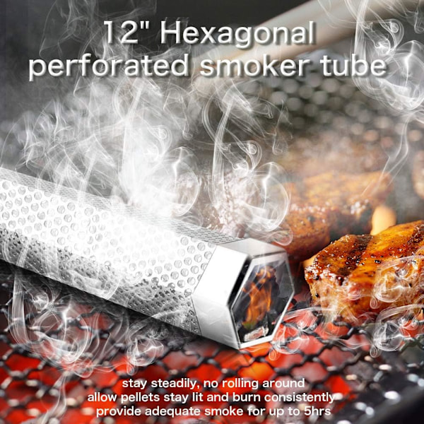 Hexagon Pellet Røgrør, BBQ Træpille Røgrør i Rustfrit Stål, Til Enhver Grill Eller Røgovn, Massive Diffusionshuller, Op Til 5 Timers