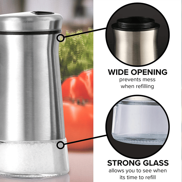 Professionelt, elegant design, shaker-sæt i rustfrit stål, klare glaskroppe for præcis krydring