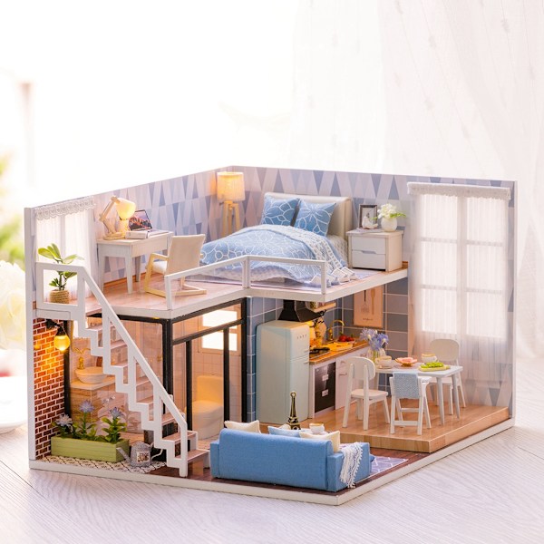 Sött Dockskåp Miniatyrhus Leksakskit, Realistisk Design Hantverk och Miniatyrer, Dekorativ Artikel för Heminredning, Gör-det-själv Huskit med Miniatyr