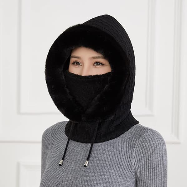 2 i 1 Vintermössa Stickad Mössa Varm Mössa Cirkelsjal Set Balaclava Vinterstickad Mössa med Fleecefoder för Kvinnor Vindtät Mössa Kylskydd Skidmössa Schwarz