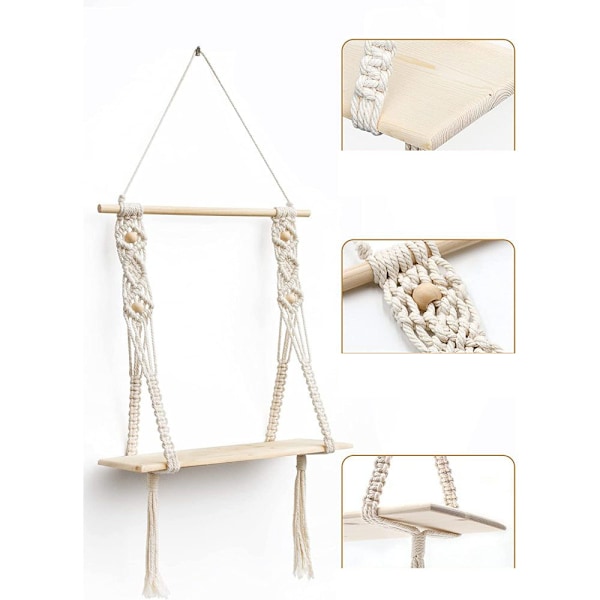 Boho Chic Handgjord Rustik Hängare, Makramé Hylla för Växter, Enkel Installation, Unik Design, Stark och Mångsidig Användning för Inomhus Trädgårdar, Flytande