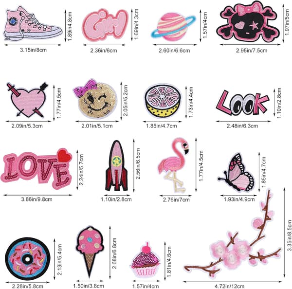 16 stk. strygemærker med pink tema, sommerfugl- og flamingodesign