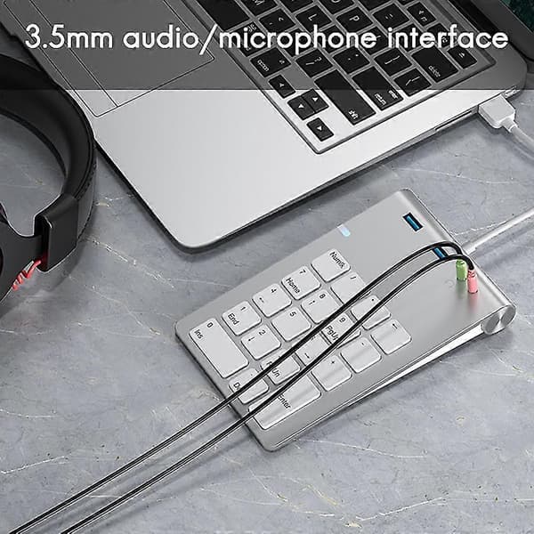 USB Numerisk Tastatur med USB3.0+3.5mm Audio Interface Hub Multifunktionel Regnskabs Finansiel Lommeregner