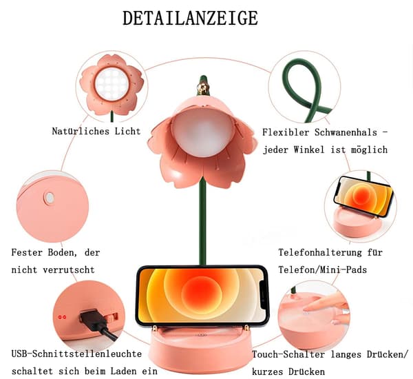 Touch-aktiverad dimbar skrivbordslampa i blomform, ABS &amp; silikonmaterial för hållbarhet &amp; säkerhet