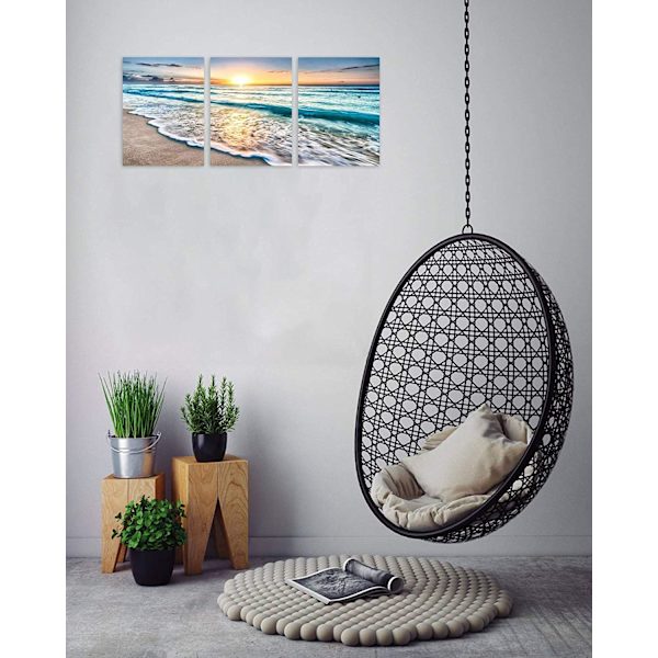 3-Panel Strand Canvas Væghængning til Hjemmedekor Blå Hav Solnedgang Whi