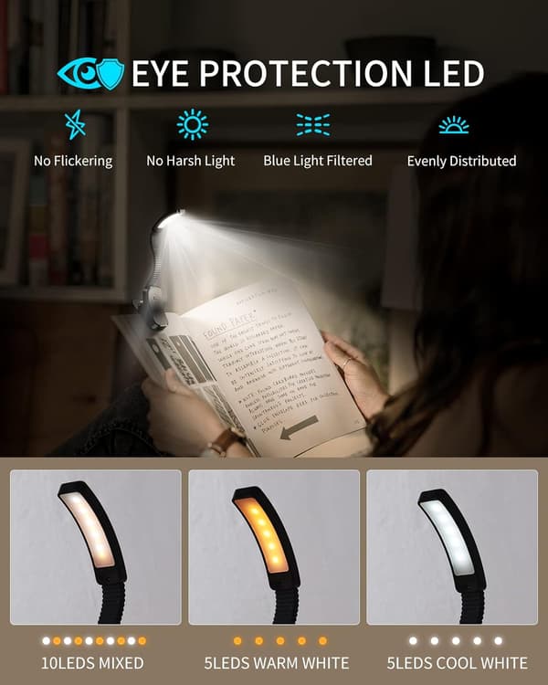 Læselampe, 10LED Læselampe med 3 Lysfarver, 1000mAh R