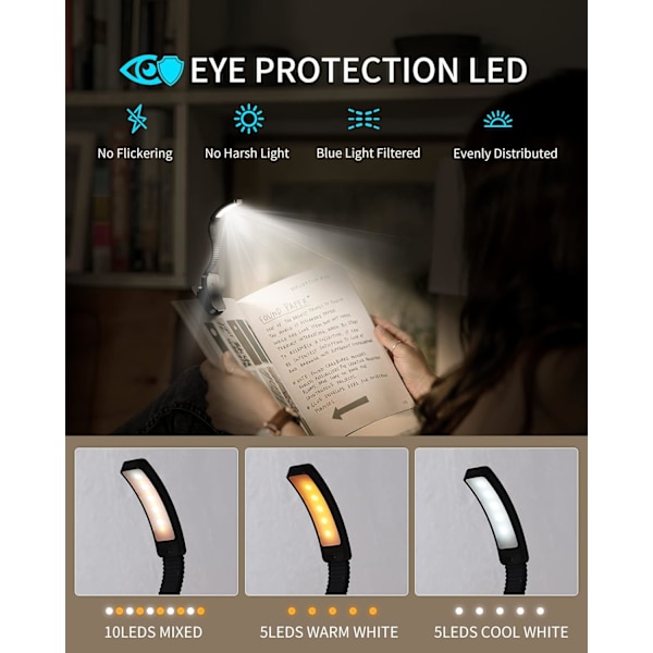 Leselys, 10 LED Leselampe med 3 Lysfarger, 1000mAh R