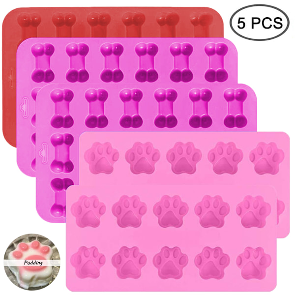 5 Pcs Silicone Chocolate Candy Molds, Puppy Paw & Bone Non-Stick Baking Molds Ice Cube Trays, To Gumdrop Jelly Cake Muffin Cupcake