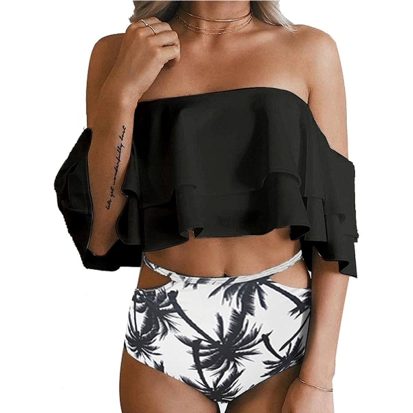 Tvådelad baddräkt för kvinnor med hög midja Bikini Off Shoulder Ruffle