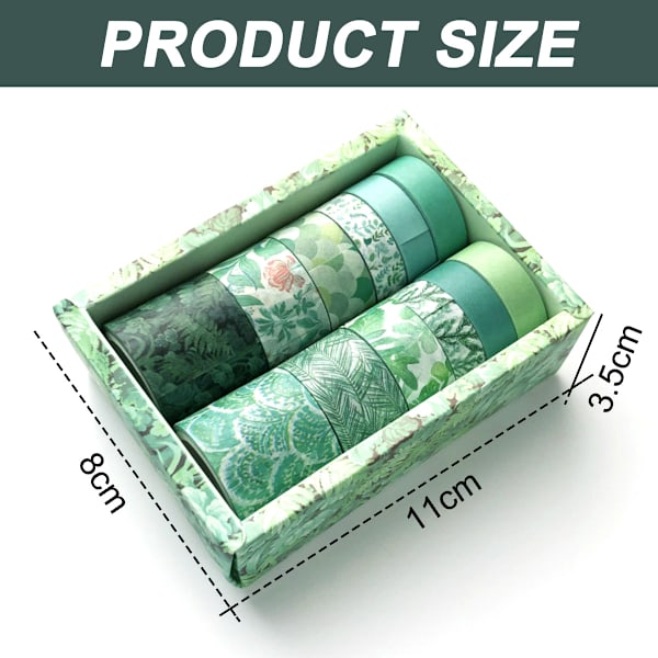 12 rullar Washi Tape Set, söta gröna växter blommiga djur,