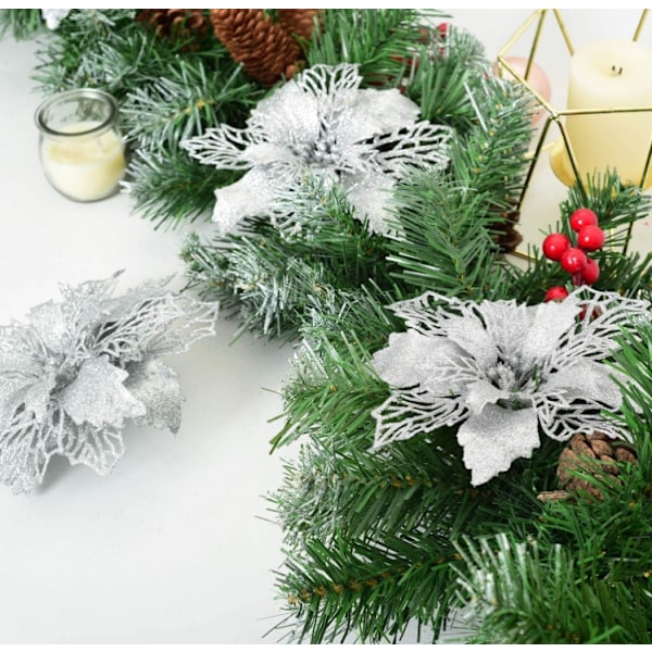 Joulukuusenkoristeet, 12 kpl Joulukuusen Koriste-erä Deco Joulu Glitter Keinotekoiset Joulukukat Häihin Juhliin Jouluun Silver