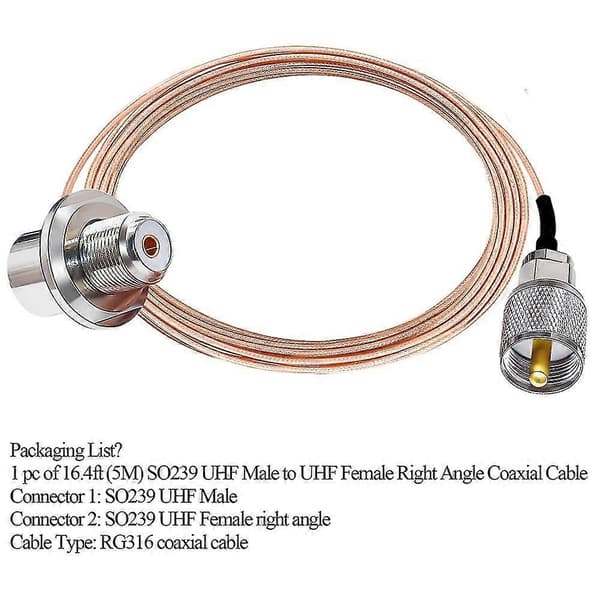 16.4ft (5m) UHF Fe Rg316 Kaapeli Antennikaapeli So239 - Pl259 Fe Oikea Auto Ext