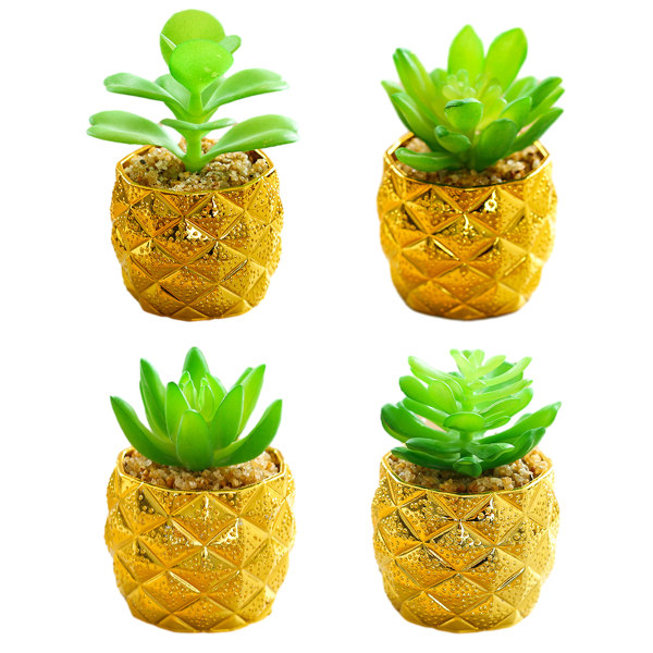 4 stk. kunstige sukkulenter bonsai guldbelagte plastikpotter