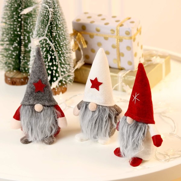 Skandinavisk Charm, Handgjort Svenskt Tomte Set om 3, Bedårande Plysch Älv Dockor, Nordiska Plysch Tomte Ornament, Fint Hantverk, Traditionell Dekor