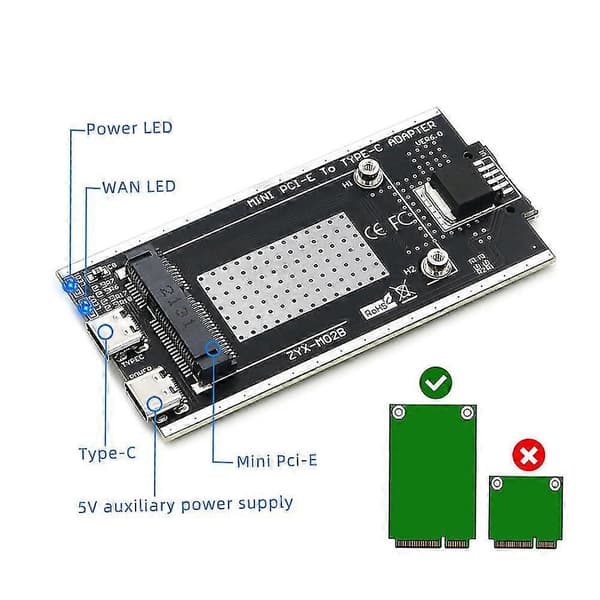 Mini Pci-e - Usb 2.0 (tyyppi C) -sovitin korttipaikalla ja lisävirtaliitännällä Wwan/lte-moduulille