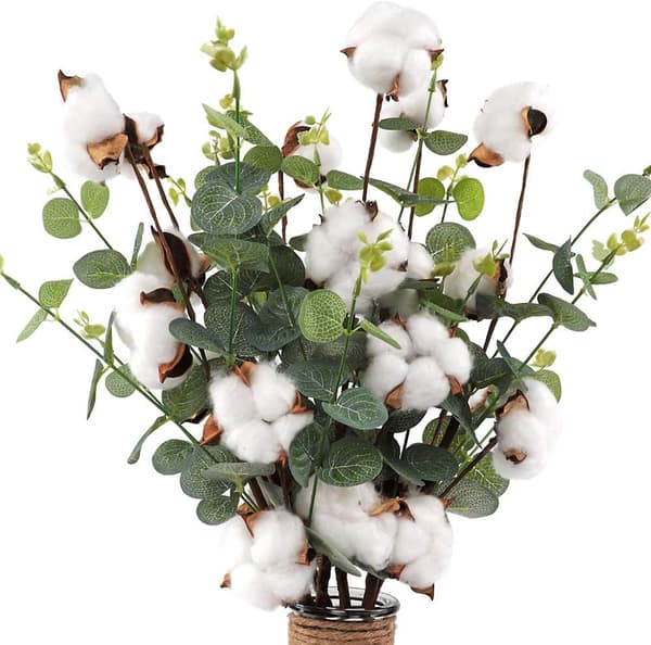 6 bomullsstilker, 54 cm bomullsblomster, 4 bomullshoder, hver stilk, e