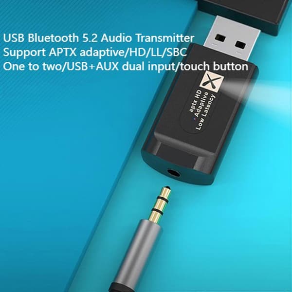 USB Bluetooth 5.2 Lydsender, byttbar Aptx Adptive, støtter 1 til 2, driverfri, med 3.5mm A