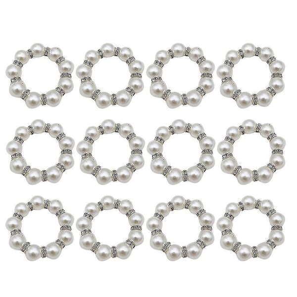 Serviettringer Sett med 12, Imitasjon Perle Rhinestone Perlebesatt Serviettringholder for Middagsborddekorasjon