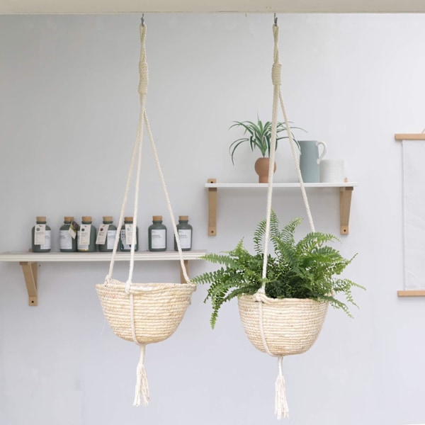 Macramé-ampel med 4 ben av bomullsrep, invändig plastbeläggning säkerställer läckagesäker inredning för både inom- och utomhusbruk, handgjord för hållbarhet och stil, set