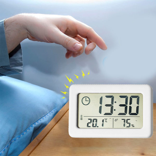 Enkel vækkeur, let og tynd, temperatur og luftfugtighed