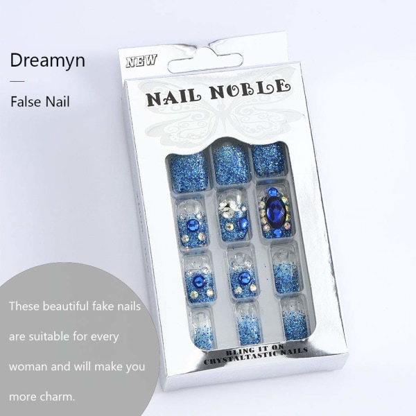 Dreamyn Crystal Fake Nails Square Press on Nails Blå Bröllop Glitter Full Cover Akryl Falska Naglar för Kvinnor och Flickor 24st