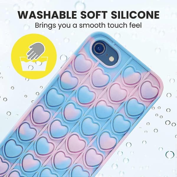 Betterlifefg-Telefonetui Push Pop Bubble Fidget Sensorisk Legetøj Hjerteform, blå+lyserød, iPhone XR