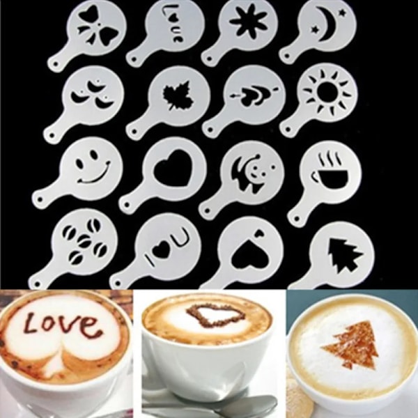 16 st/förpackning Kaffe Latte Cappuccino Barista Art Stenciler Kakdamm Mallar Kaffe Tillbehör