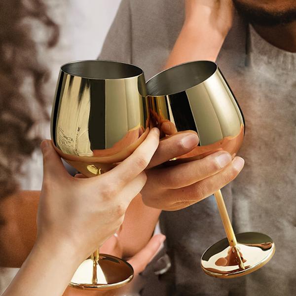 2 st 18oz Guld vinglas, 18oz Okrossbar Stålvinglas, Splittersäkert Metallvinglas för Utomhus, Picknick, Fest (GULD)