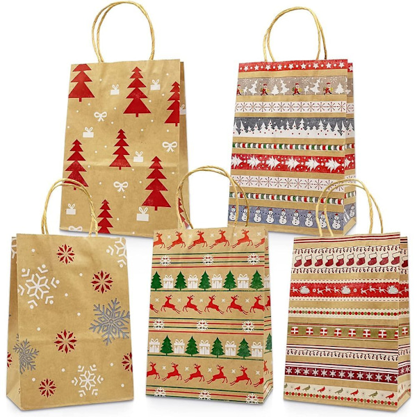 Miljövänliga julklappspåsar, 24 återanvändbara kraftpapperspåsar, slitstarkt material för presentförpackning och festgåvor, blandade designer som passar dig