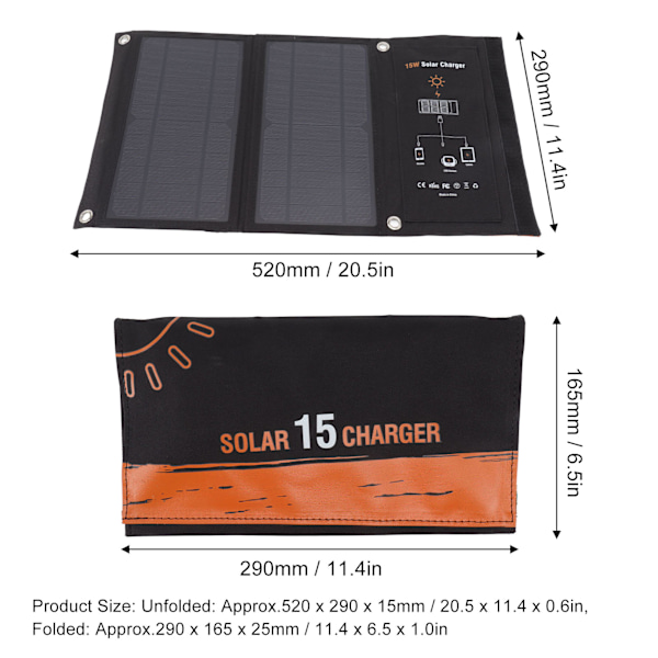 15W Monokrystallinsk Solpanel Oplader Dobbelt USB Foldbar Solcelleopladning Pakke Udendørs Telefon Power Bank Sort