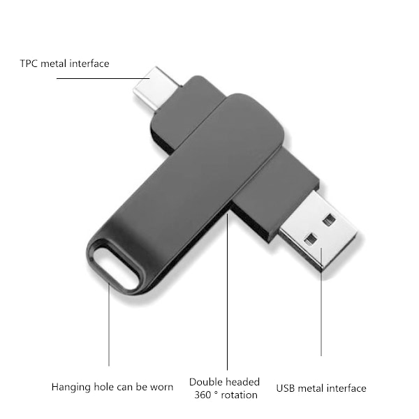 Puhelinmuistitikku USB 3.0 Type C 2-in-1 Metalli Kääntyvä Kannettava Flash-asema Tableteille Kuvien Tallennukseen Musta 128 Gt