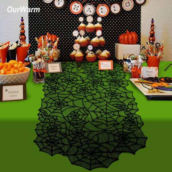 Halloween Bordløper Bordduk Edderkoppnett Blad Dekor Skummel