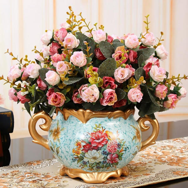 2 st Houda konstgjorda blommor Bukett sidenblommor med blad och rosor för bröllopsdekoration