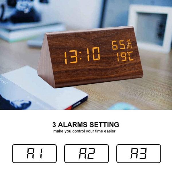 LED hygrometer väckarklocka LED träklocka triangel elektronisk digitalklocka trä hygrometer