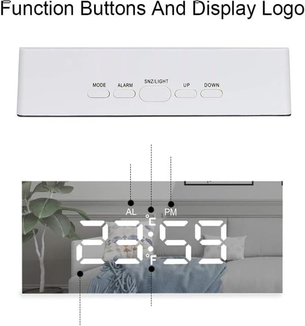 En vit digital väckarklocka med stor spegelklocka med LED di