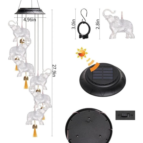 Elefant vindklokker utendørs solcelledrevne vindklokker fargeskiftende