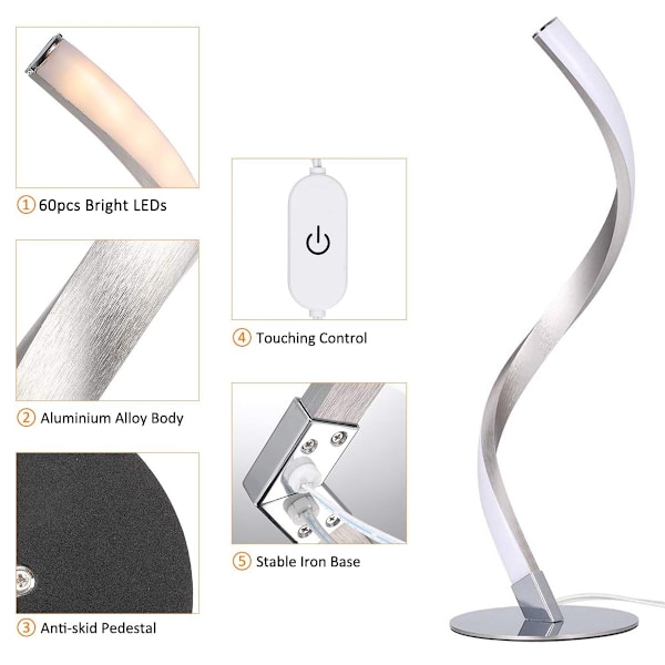 LED-bordslampa, modern bordslampa i rostfritt stål, sovrum, vardagsrum, kontor, sänglampor