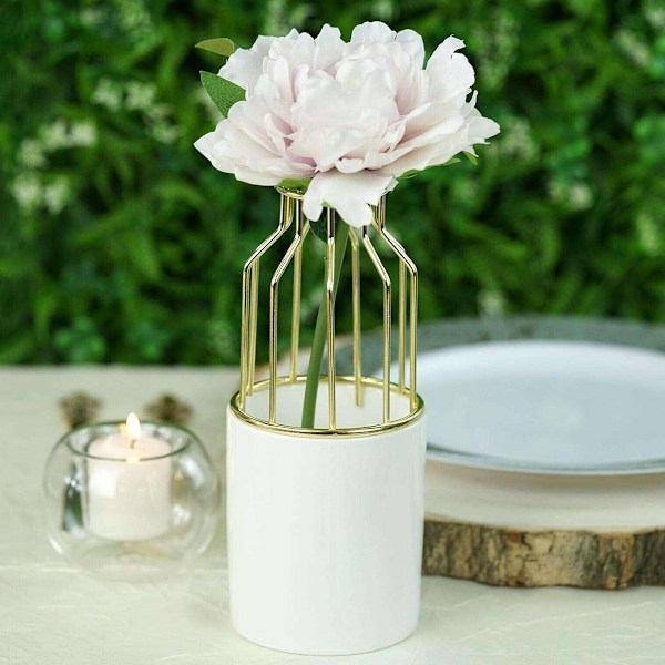 1 st järnvit keramisk vas, skrivbordsplanterare med järnhylla, liten blomkruka för bröllopsdekoration, guld