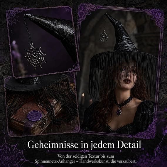 Halloween COS Troldmands-/Heksehat, Maskeradebal og Rollespilsfester, Sort Edderkoppespind Frynset Hat med Buet Skygge