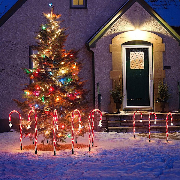 Väderbeständiga Utomhusdekorationer, Soldriven Varmvitt Ljus, 8 LED Solcellsdrivna Julgransljus Sockerrörsmarkörer Enkel Installation för Uteplats,