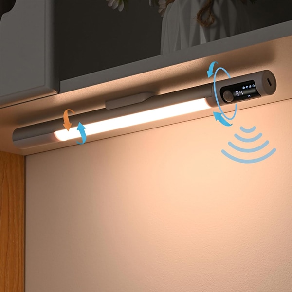 LED-belysning under skap, vinkeljusterbar bevegelsessensorlys innendørs, under skapslys med skjerm, batteridrevne lys for skap og garderobe