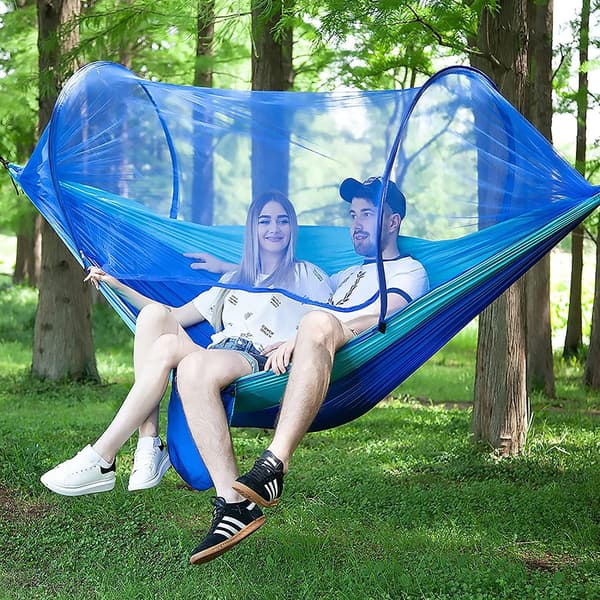 Camping Hängmatta Set med Myggnät, 2 Trädremmar Karbinhakar D